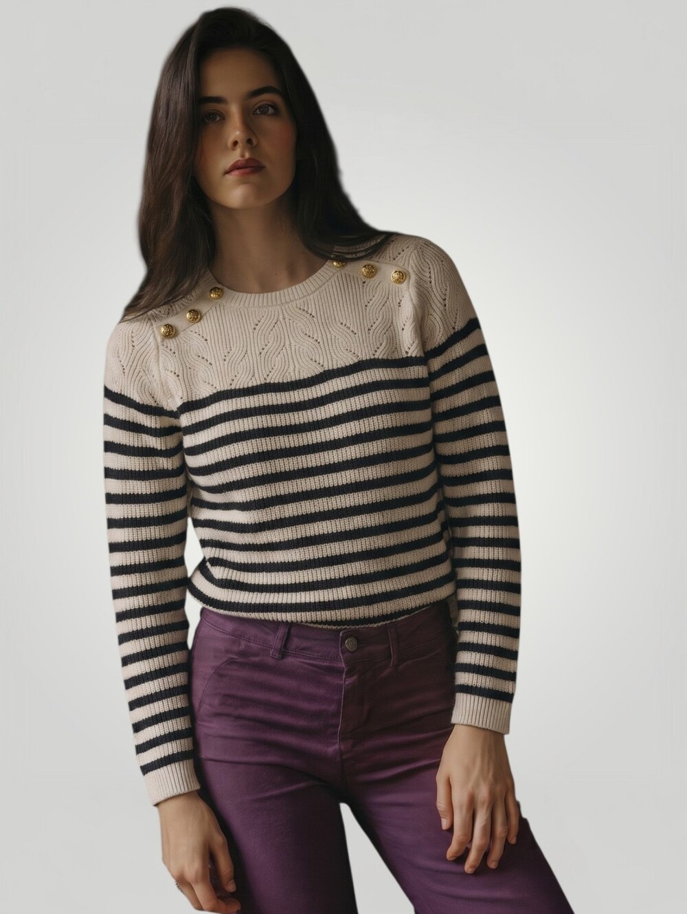 Talbots Petites Breton Stripe Sweater SP Navy Cream Gold Crown Button Pointelle